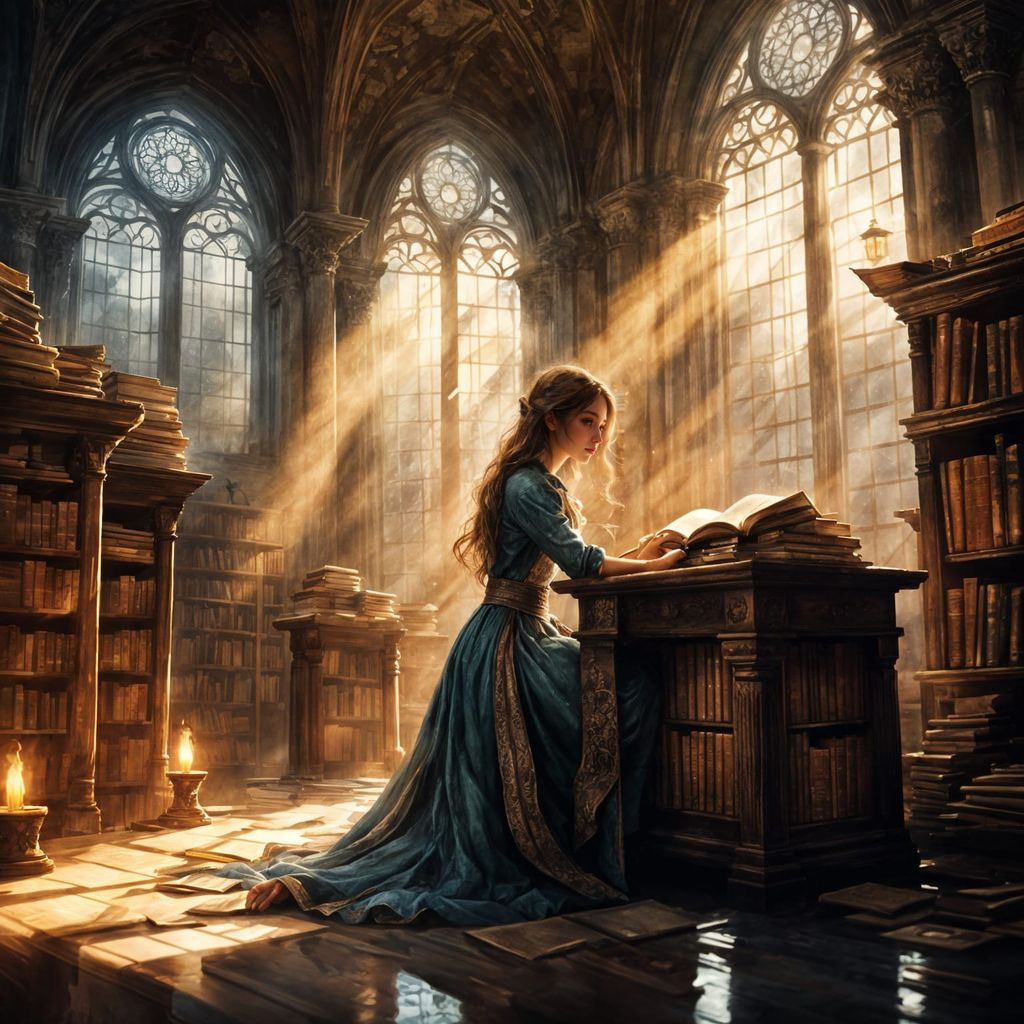 Ancient Library Study in Watercolor Style