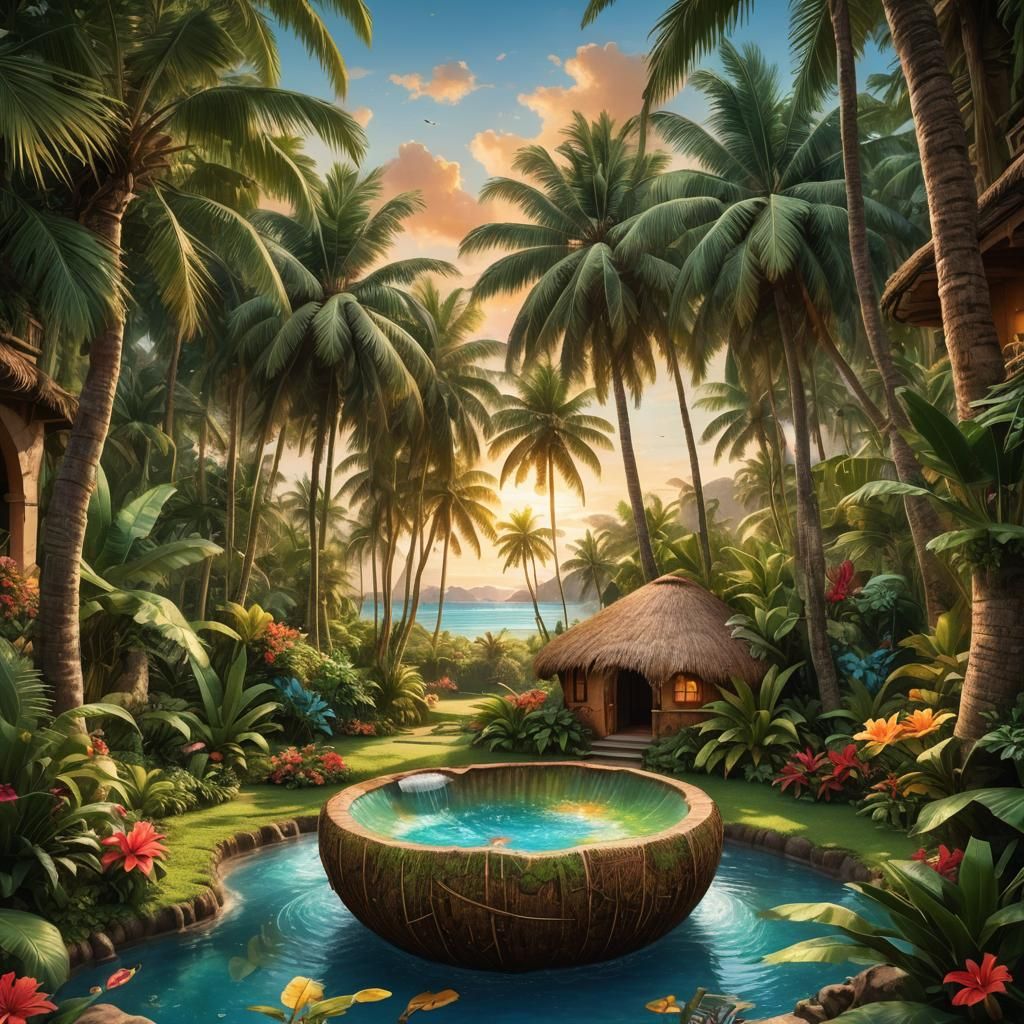Tropical Coconut House: Fantasy Art in Detailed Style