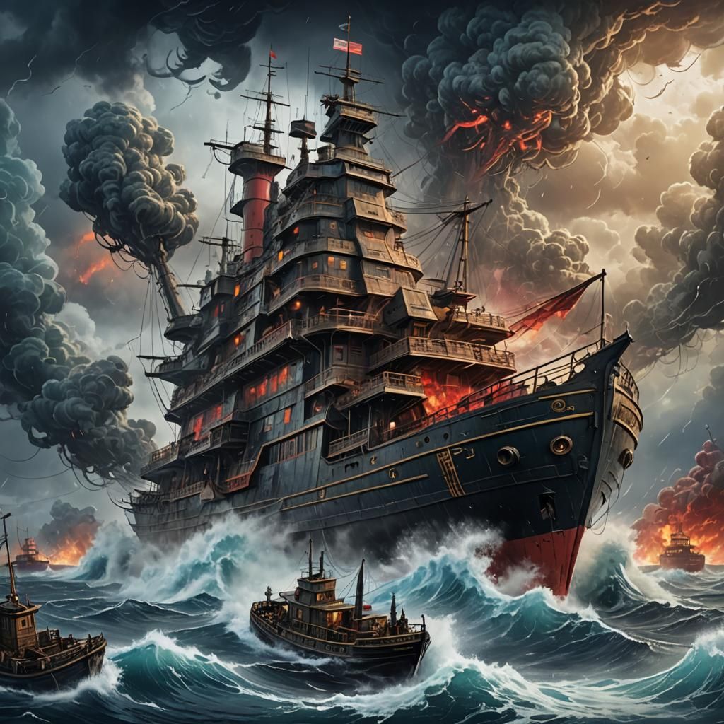 Dystopian Warship Houseboat in Giger Anime Style
