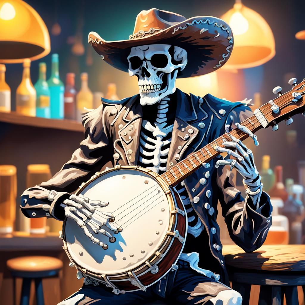 Hyperrealistic Skeleton Cowboy Plays Banjo in Colorful Scene