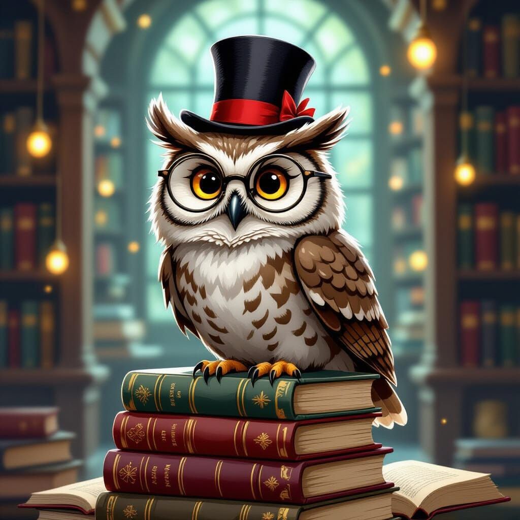 Wise Owl in Top Hat Reads Ancient Books in Magical Library