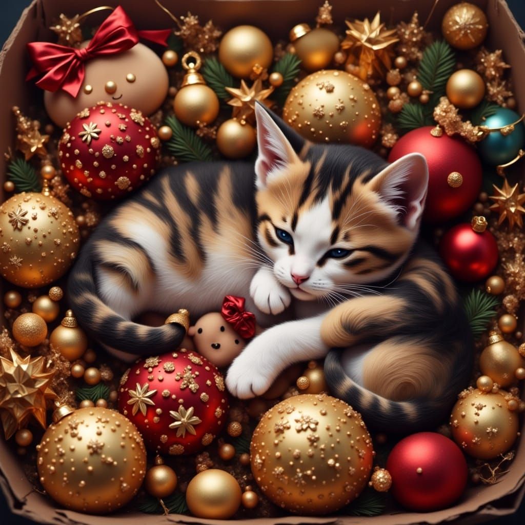 Sleeping Japanese Bobtail Kitten in Festive Box