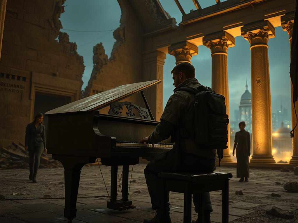Soldier Plays Piano in Ruined Temple Under Starry Night Sky