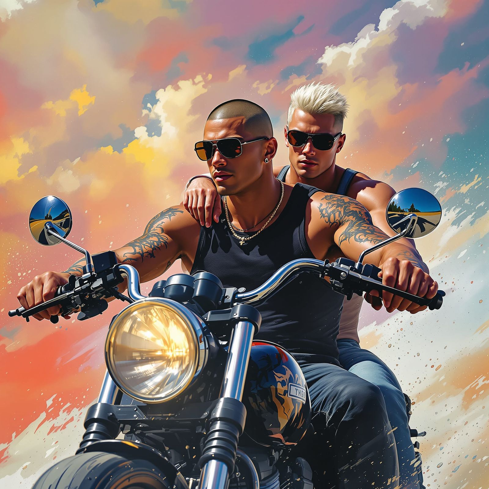 Motorcycle Journey of Two Men in Hyperrealistic Style