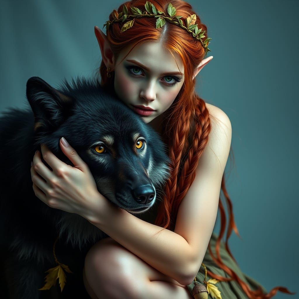 Elegant Elf Maiden in Autumnal Regalia, Embracing Majestic W...