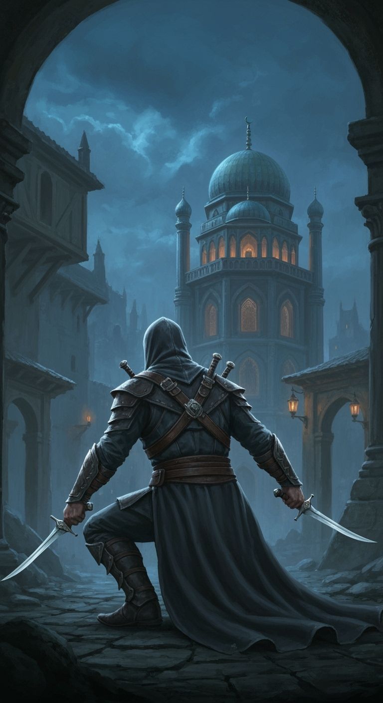 Epic Fantasy Assassin with Daggers in Medieval Cityscape