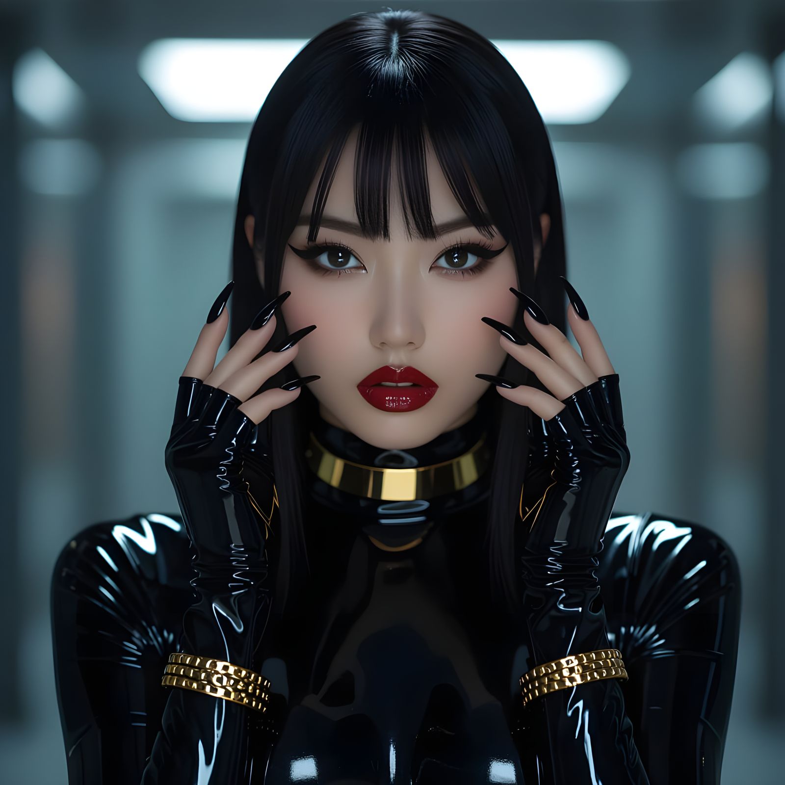 Japanese Beauty in Black Latex with Golden Accents