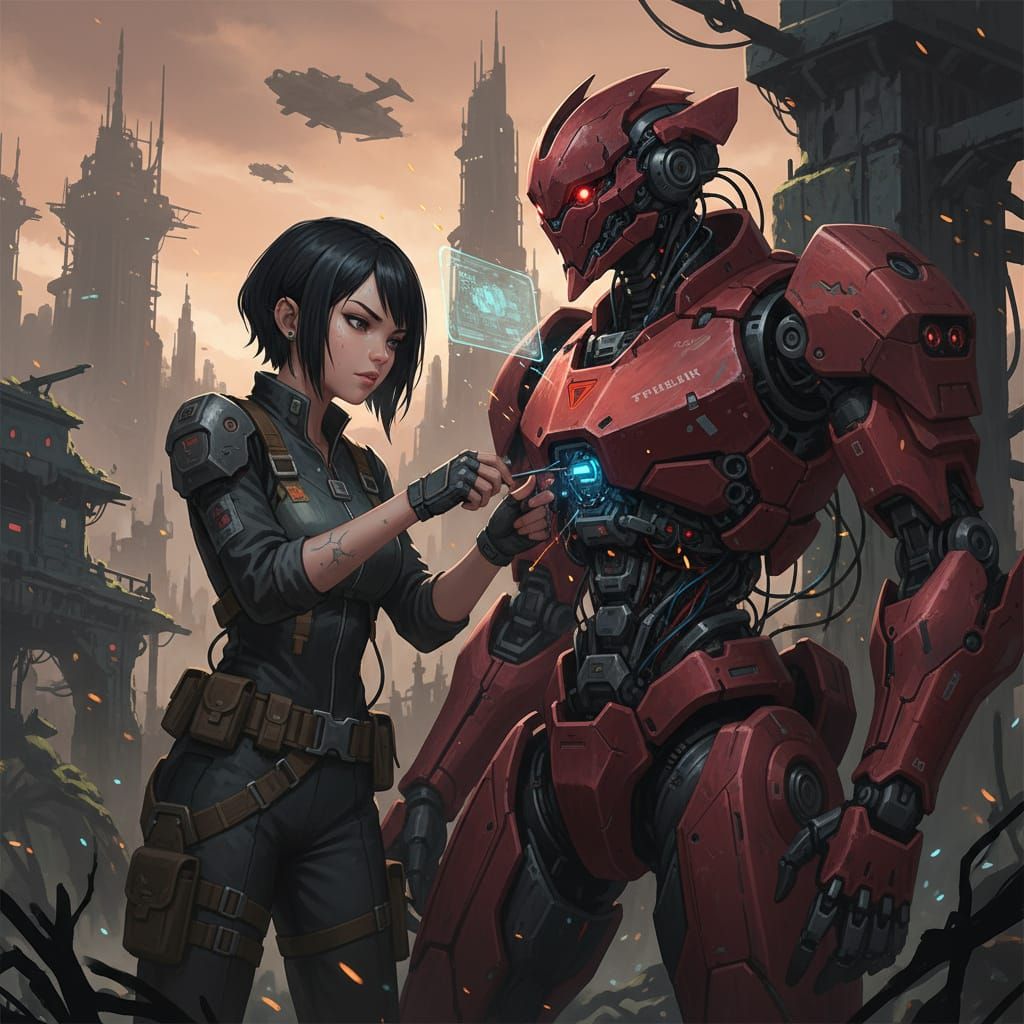 Sci-Fi Girl Repairs Red Robot in Dark Concept Art