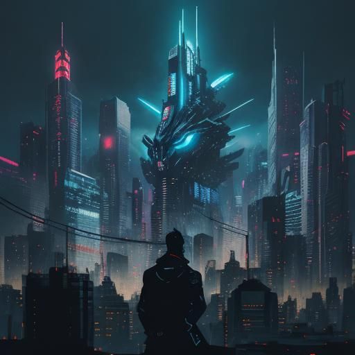 Alien Bodyguard in Manga Style Cityscape