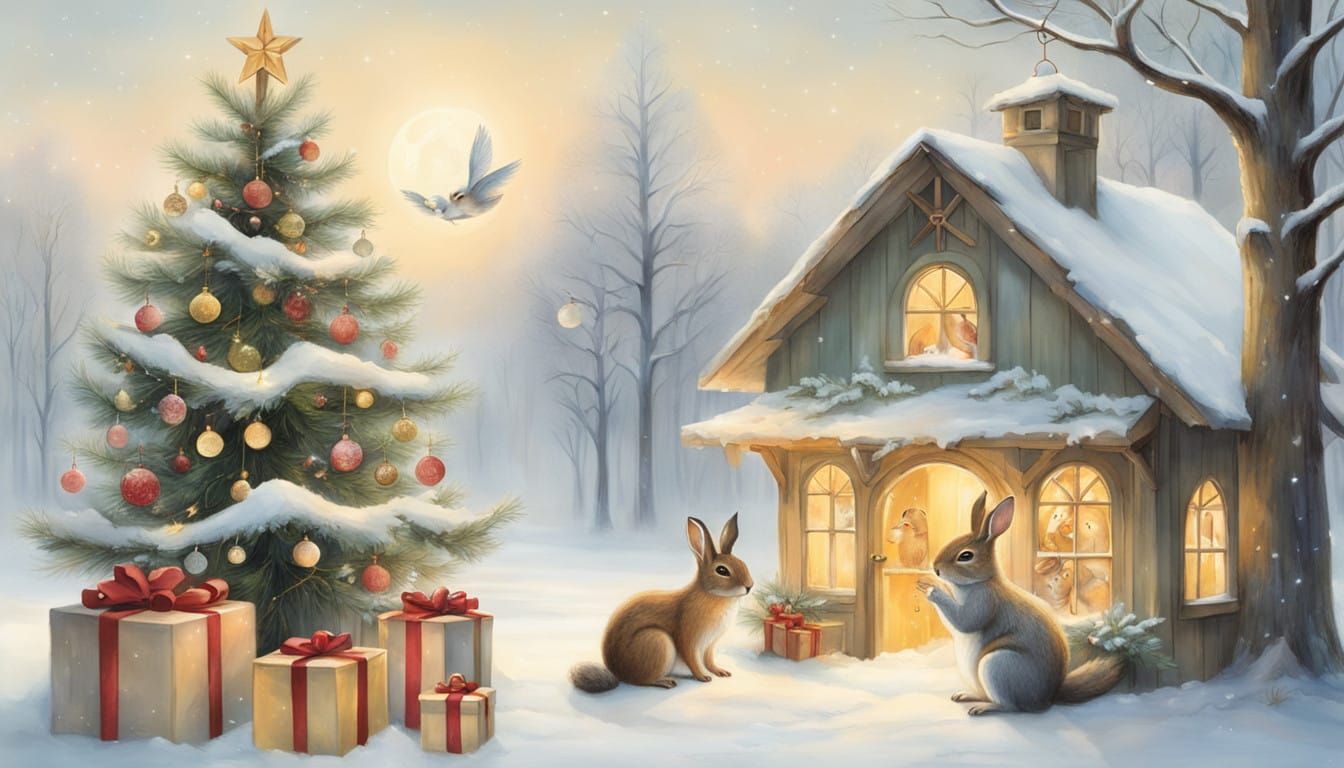 Christmas Joy in Whimsical Woodland Scene, Inspired by Beatr...