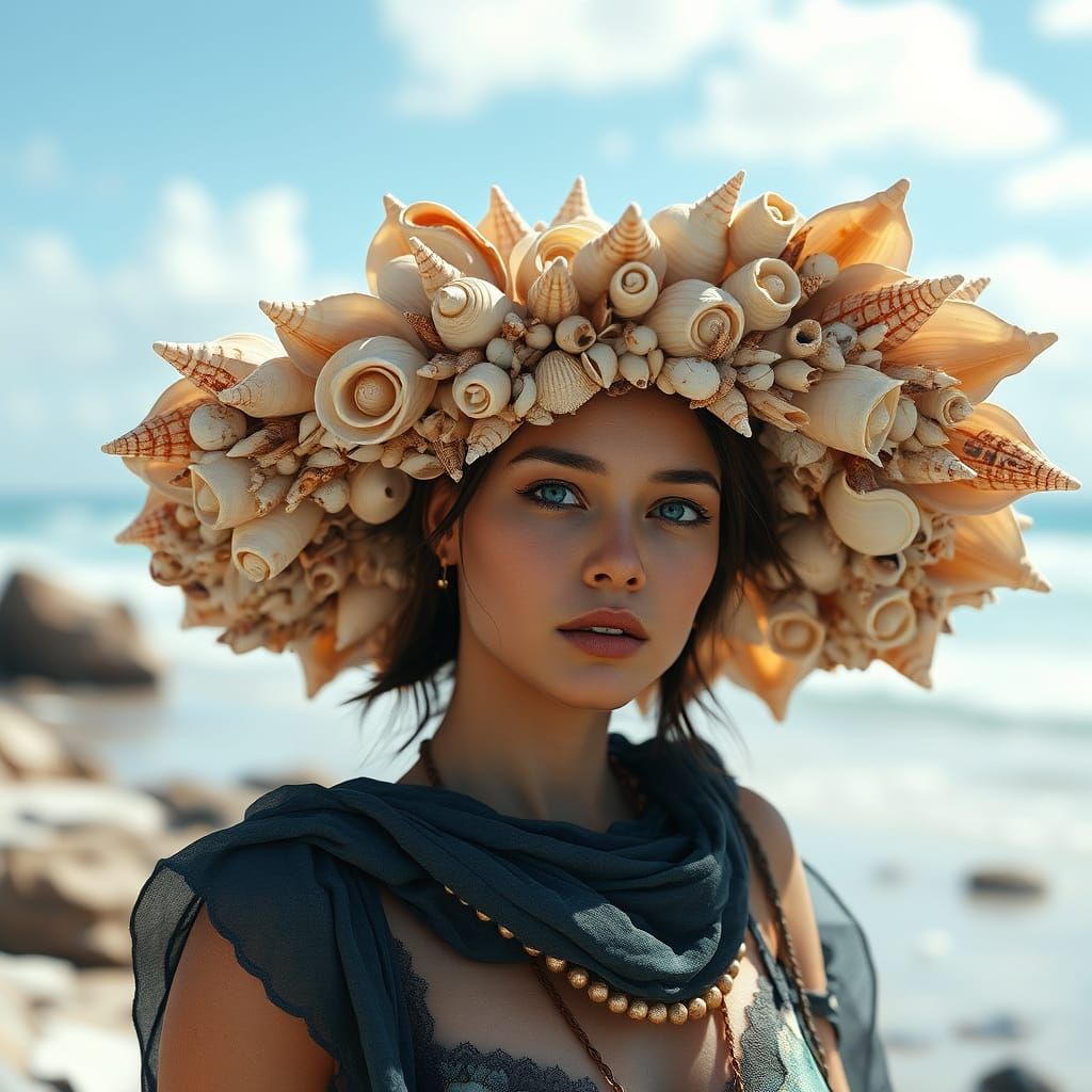 Woman in Seashell Hat on Beach