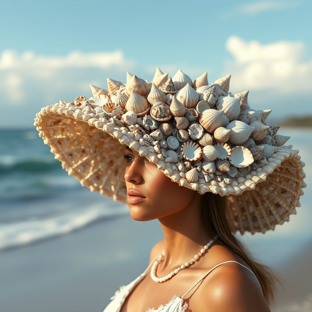 Woman in Seashell Hat on Beach