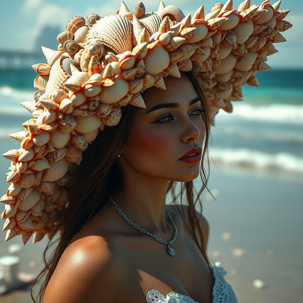 Woman in Seashell Hat on Beach