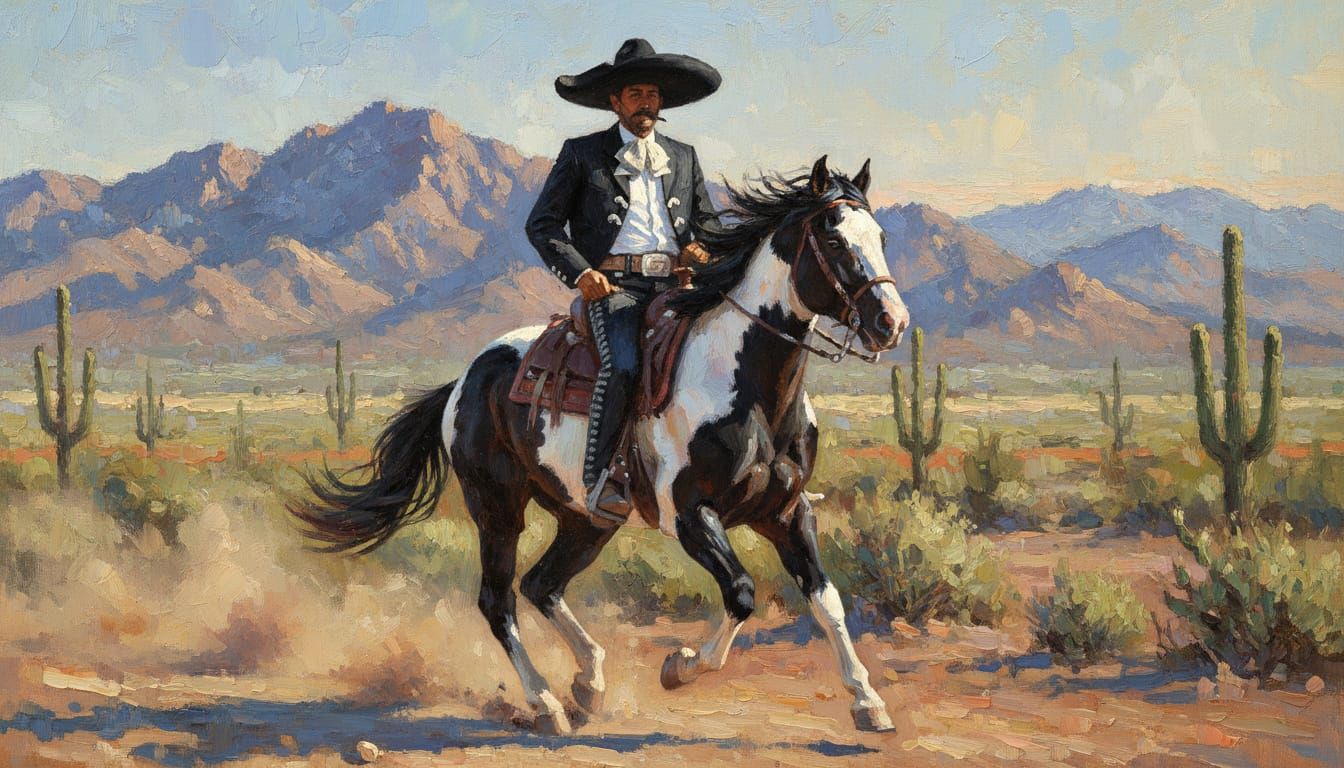 Impressionist Oil Painting of Cowboy in Desert Landscape