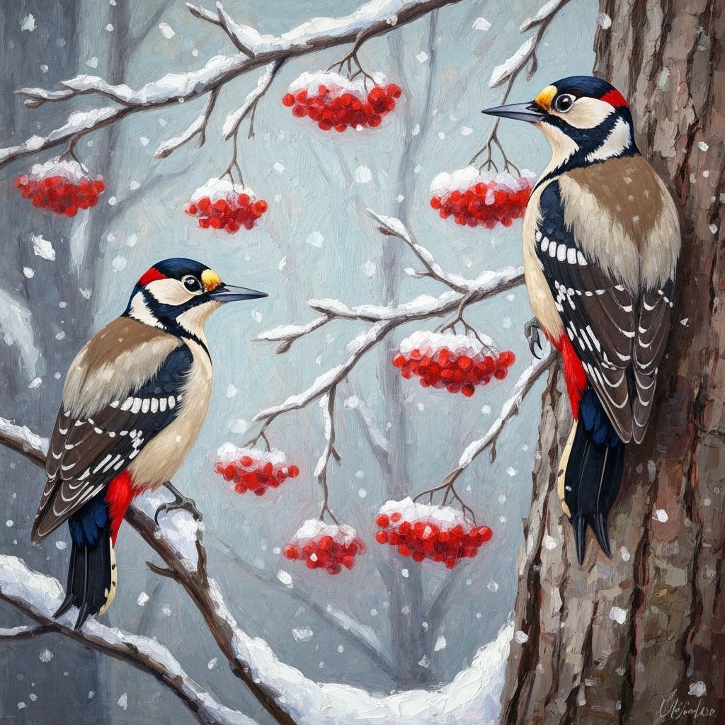 Woodpecker in Dreamy Winter Forest, Impasto Style