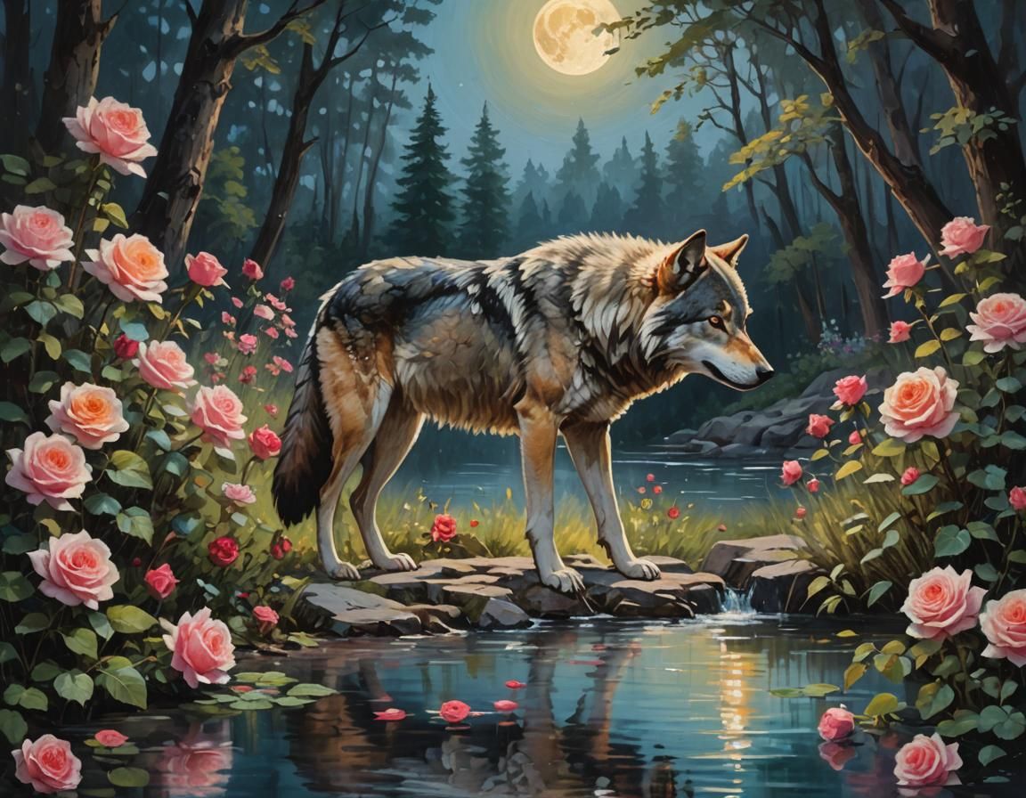 Wolf at Moonlit Spring: An Impressionist Oil Painting