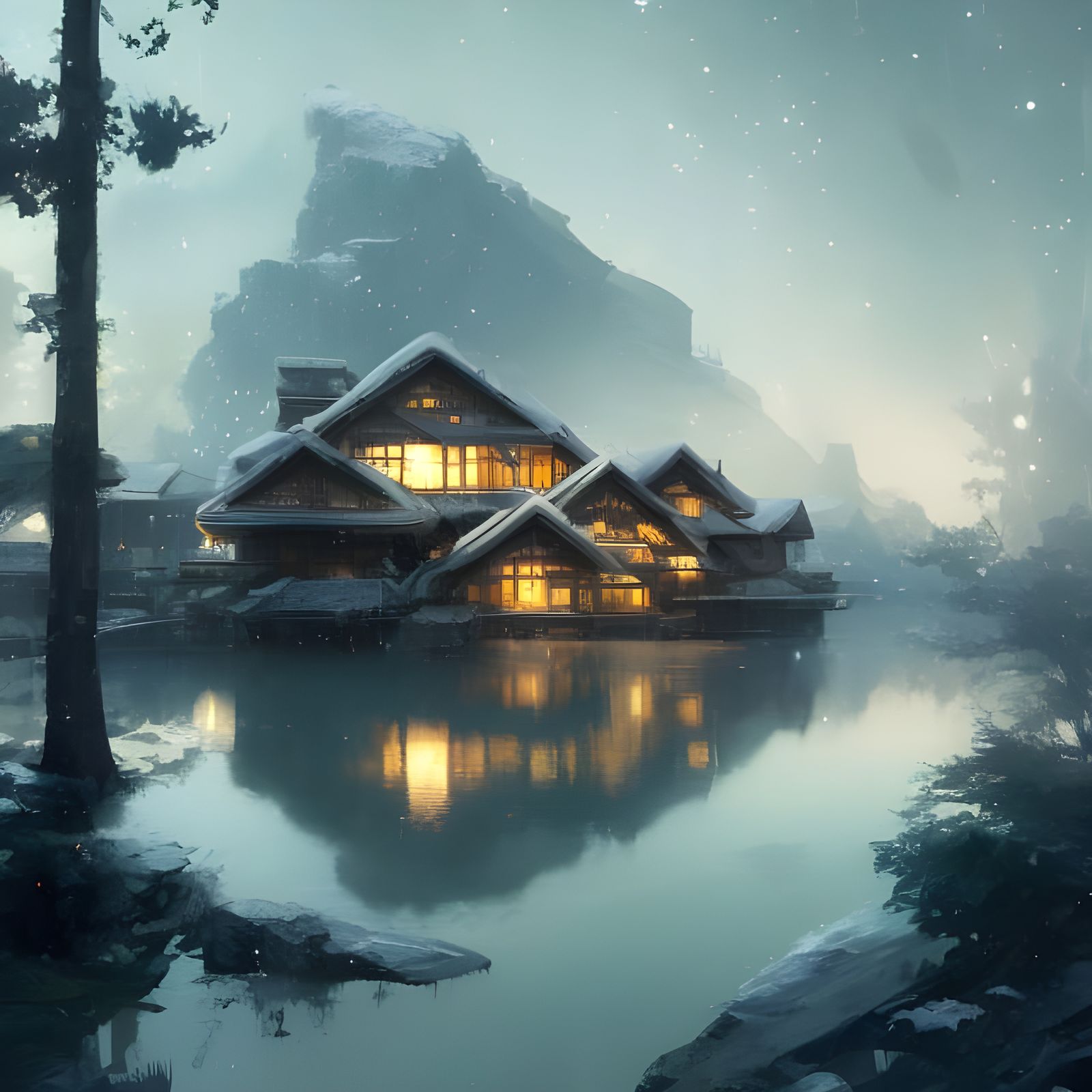 Sunny Snowy Lakeside House Under Starry Sky