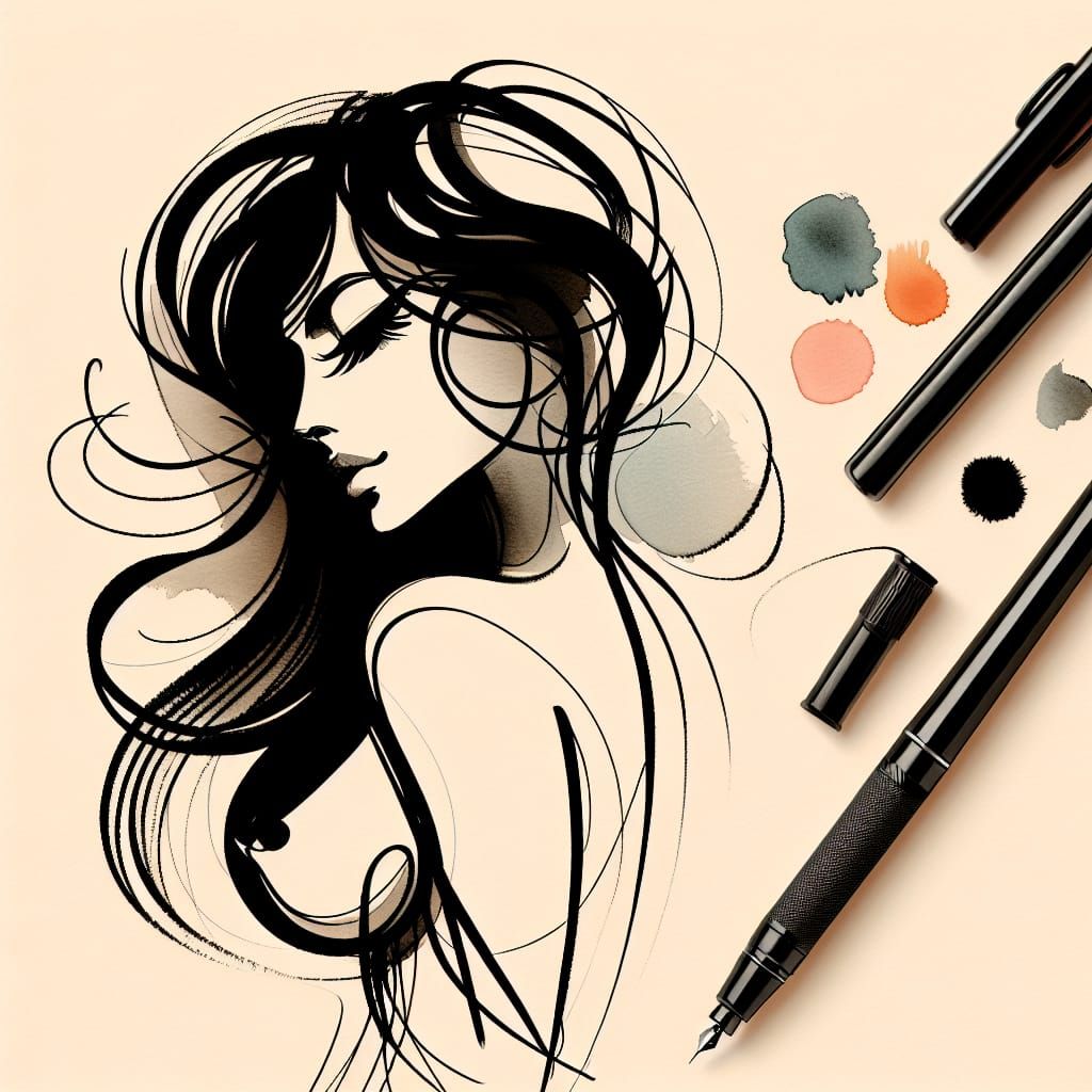 Surreal Hispanic Woman in Expressive Black Ink and Watercolo...