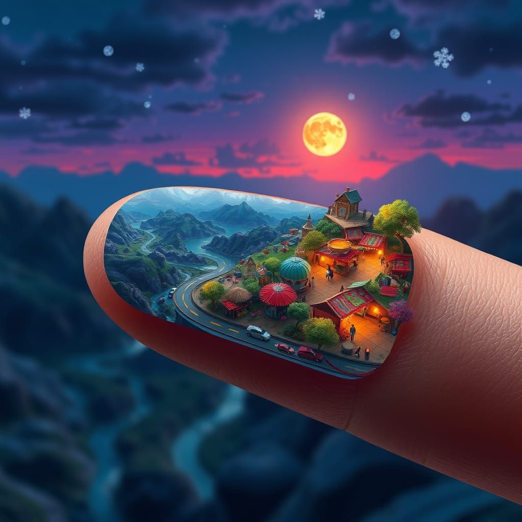 Miniature Landscape on Fingernail in Matte Painting Style