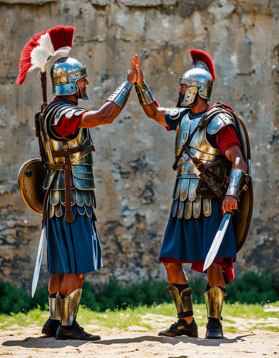 Roman Legionnaires Celebrate Victory with High-Five