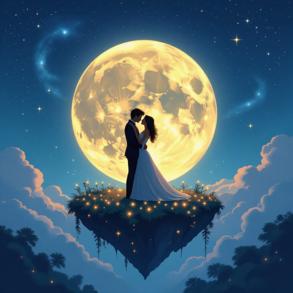 Romantic Couple Under Luminous Moon on Floating Island