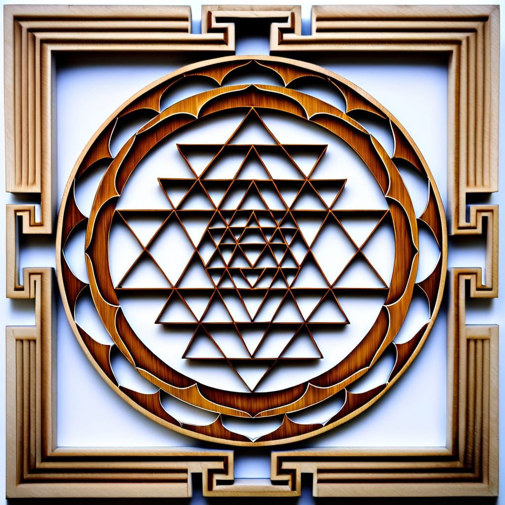 Sacred Wooden Yantra Sculpture in Intricate Carvings
