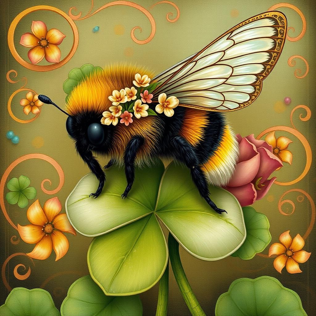 Bumblefly with Wildflower Garland in Art Nouveau Style