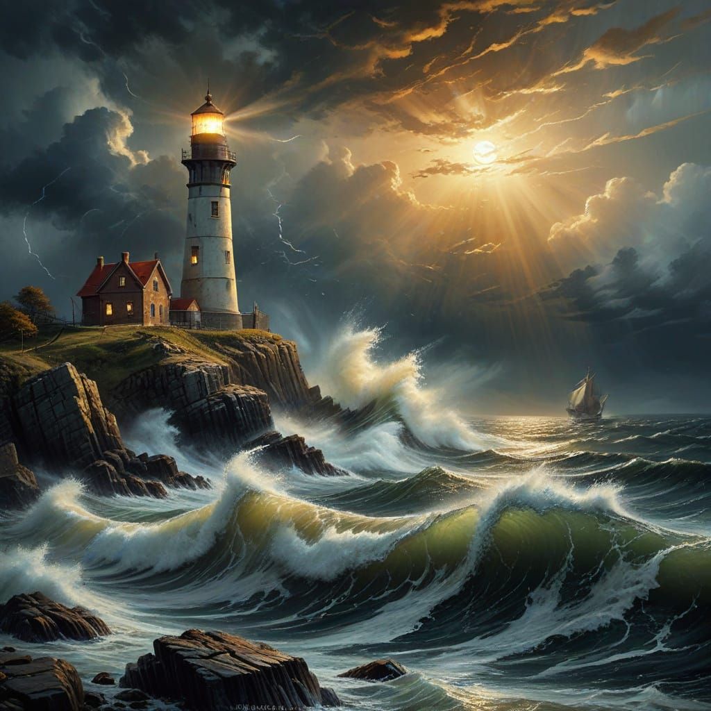 Lighthouse Warns Ship in Dramatic Oil Painting