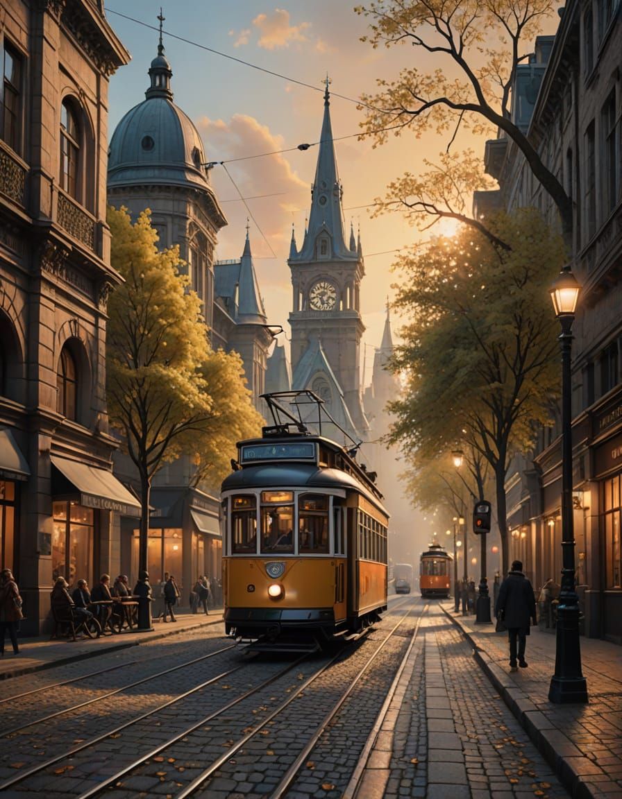 A Vintage Tram in Whimsical Oil Painting Style