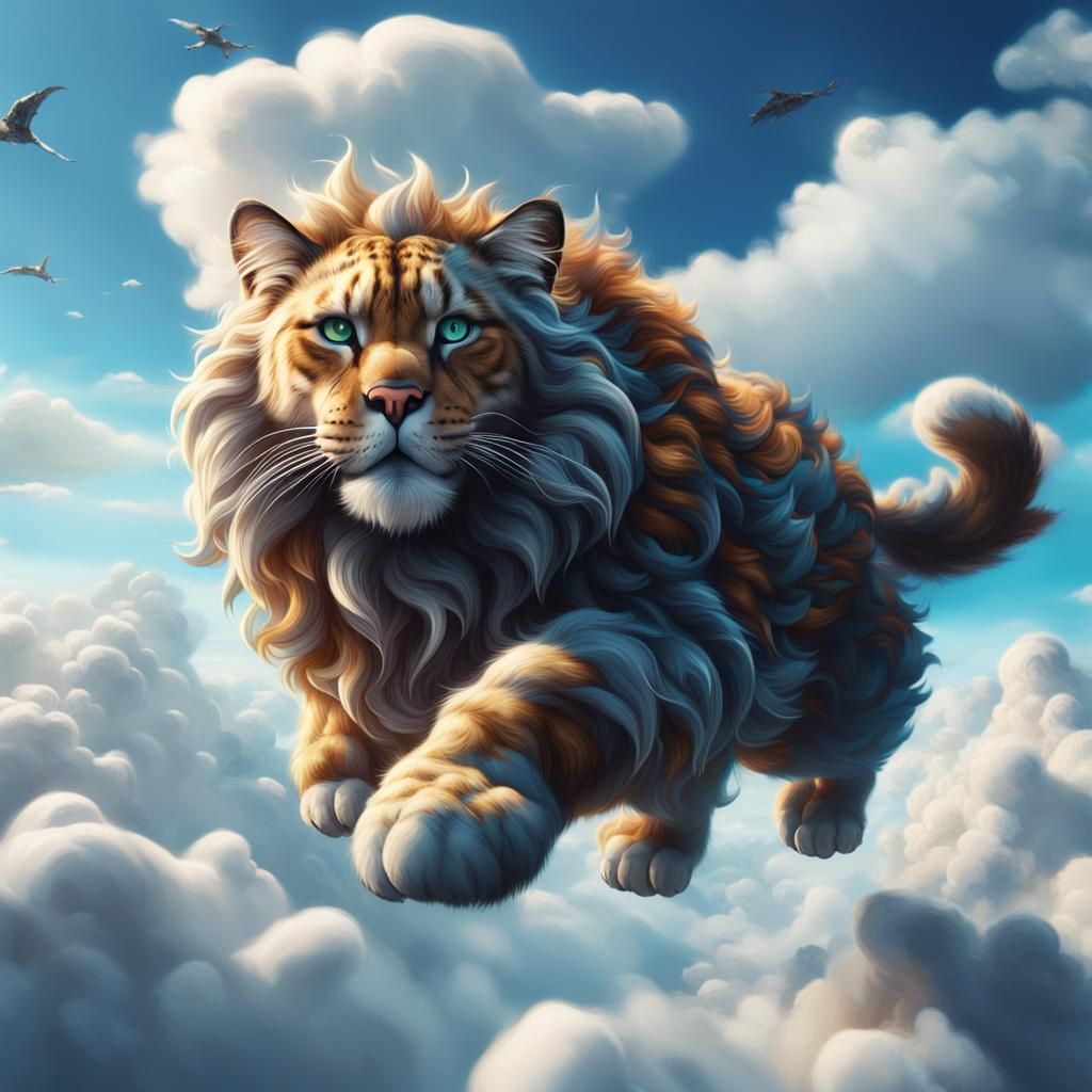Fluffy Cat Lounging on Clouds: Digital Matte Painting