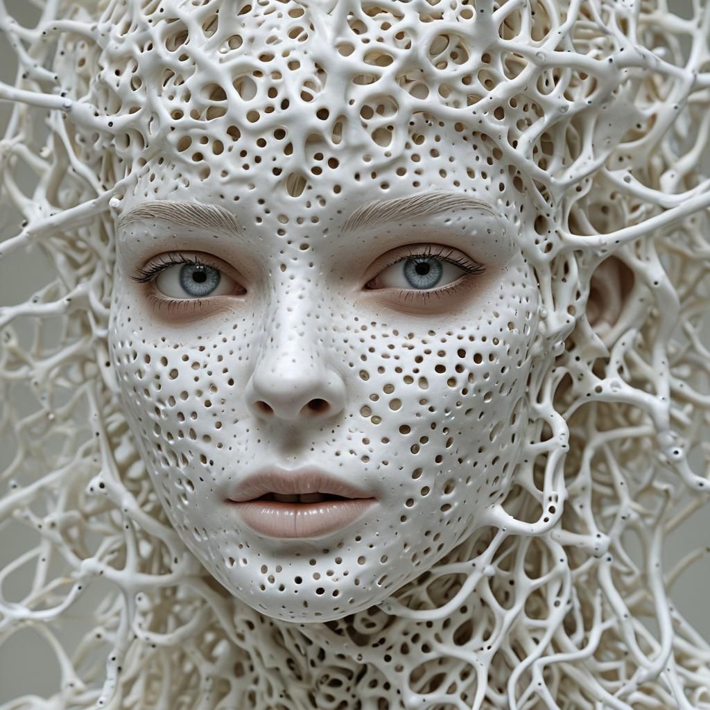 Neural network organism, synthetic porcelain girl