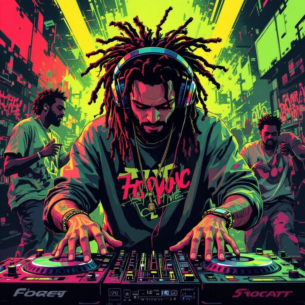 90s Hip Hop DJ Party in Cyberpunk Street Art Style