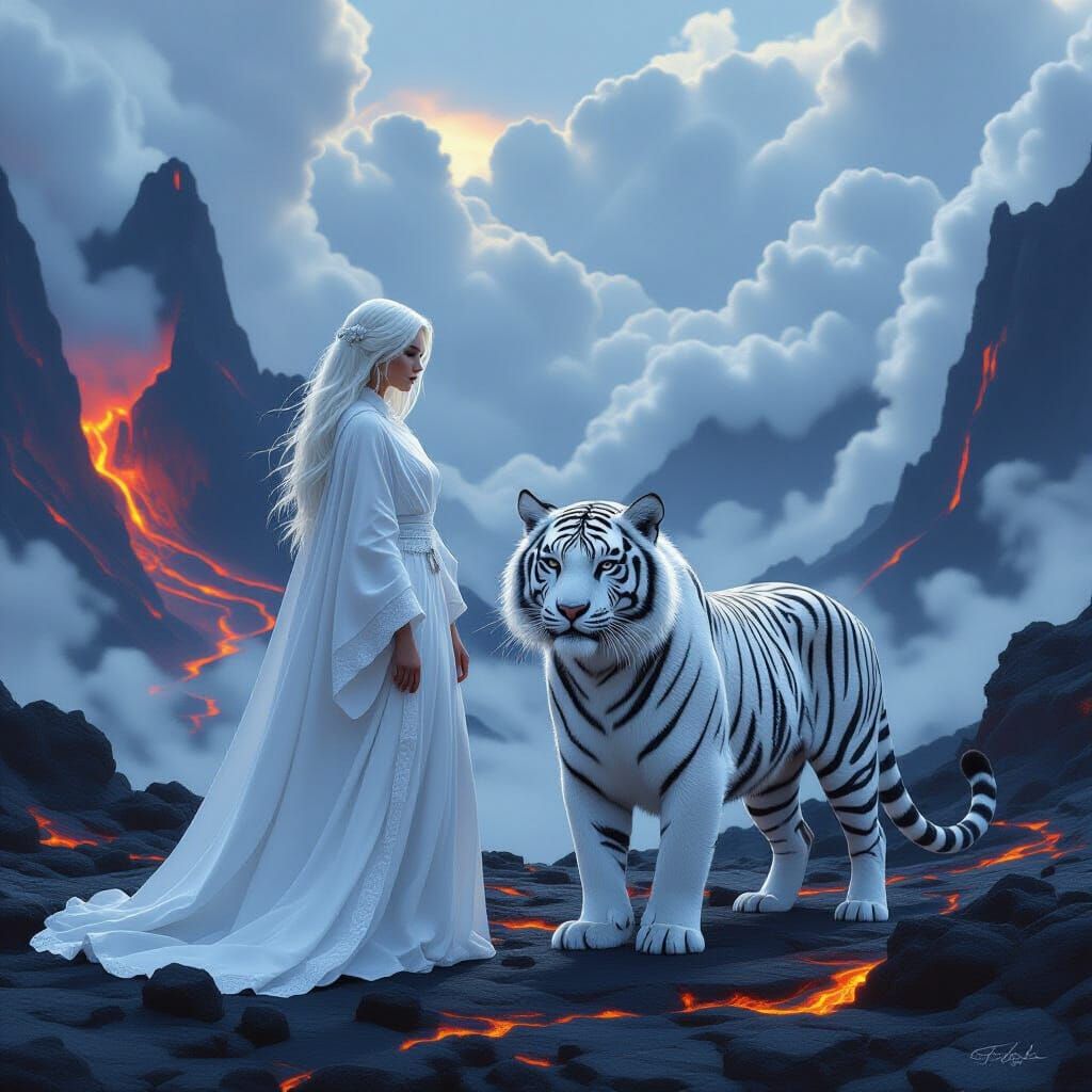 Platinum Woman and Spectral Tiger in Volcanic Valley