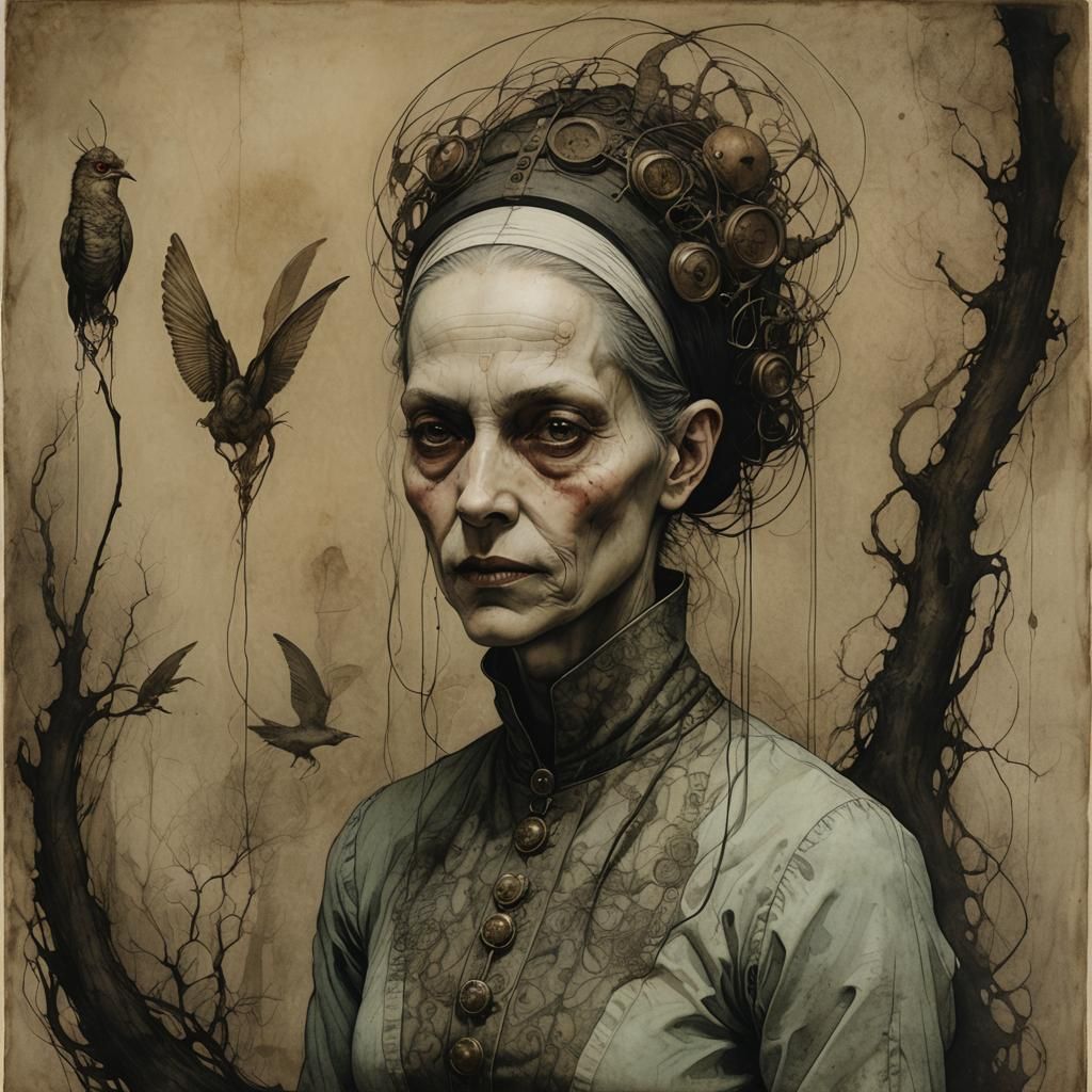 Eerie Abstract Portrait of a Bestiary Midwife