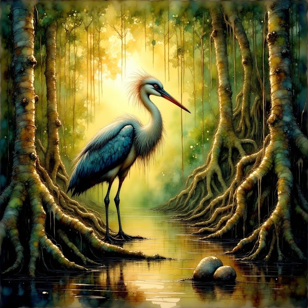 Surreal Oil Painting of a Majestic Ibis in Tropical Wetland