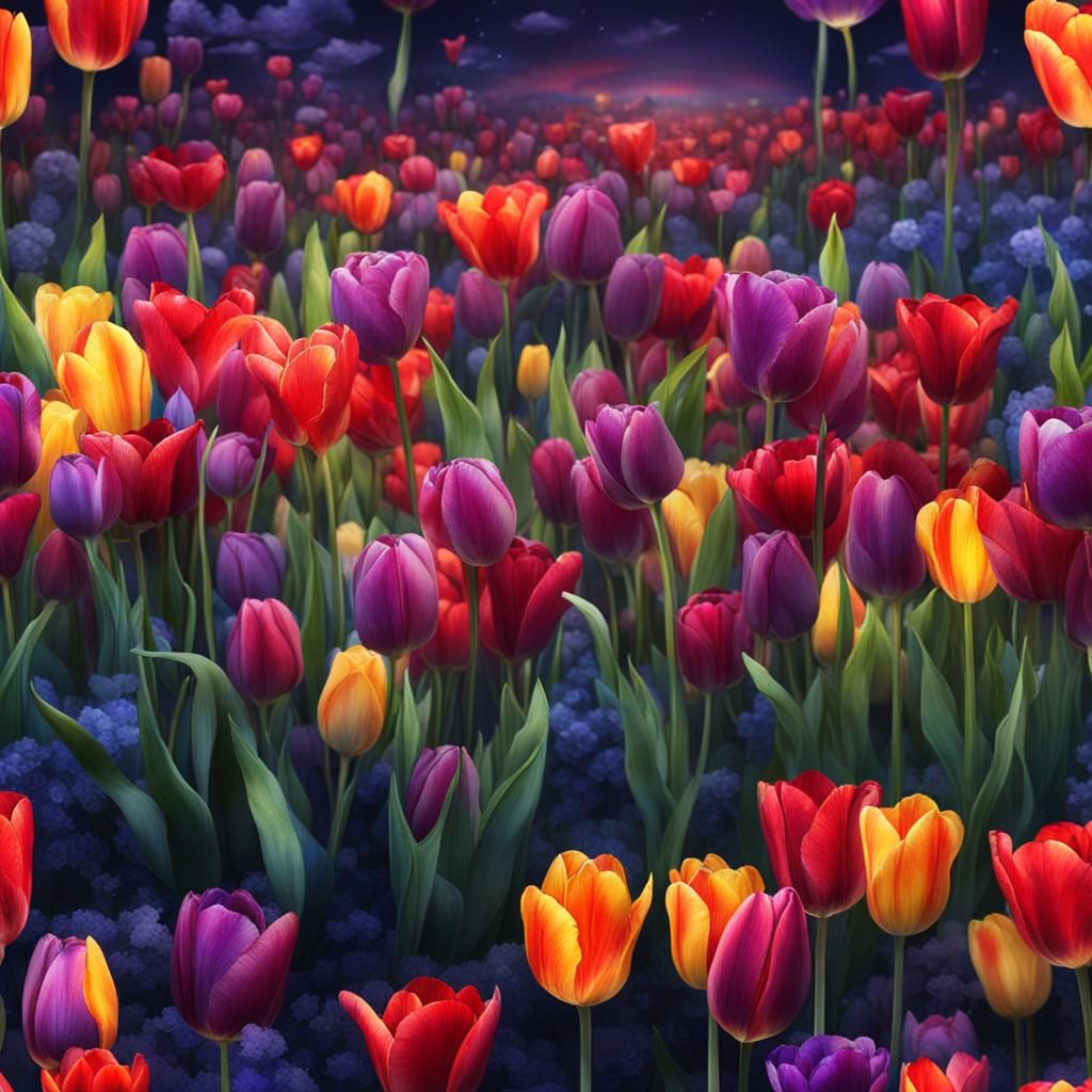 Night Tulip Field in Watercolor Style