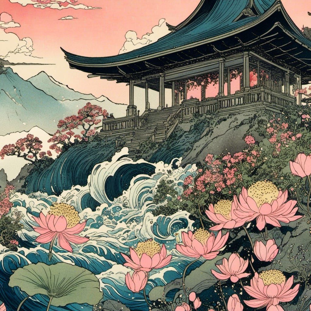 Ukiyo-e Mountain Beach Scene with Floral Temple