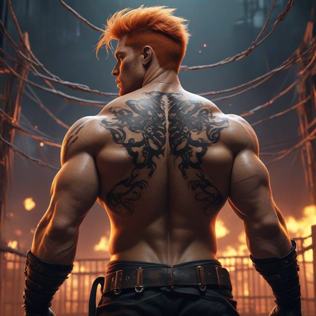 Cyberpunk Wrestler in Flaming Arena: Concept Art