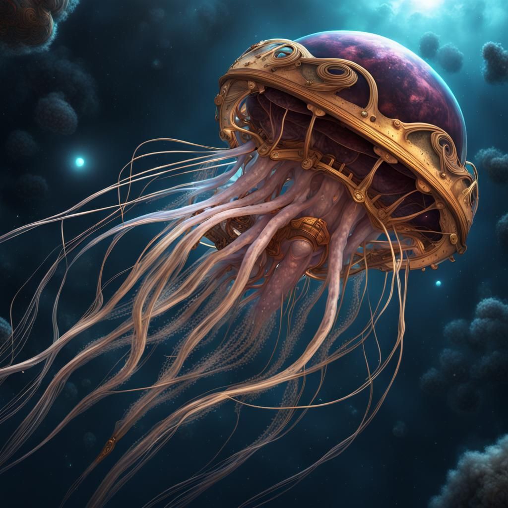 Steampunk Jellyfish Drifting Through Space