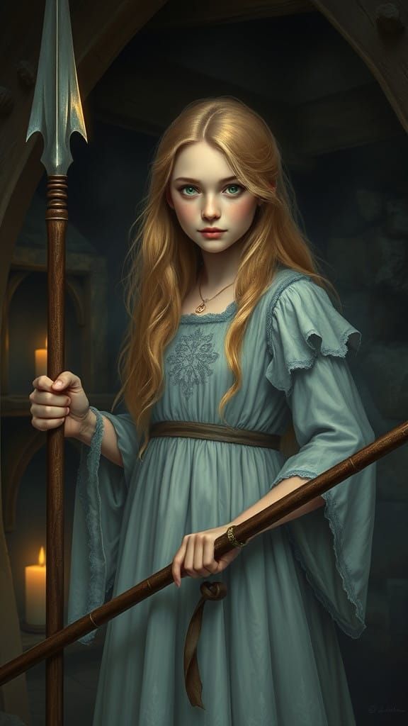 Viking Maiden Protects Herself in Dark Cottage