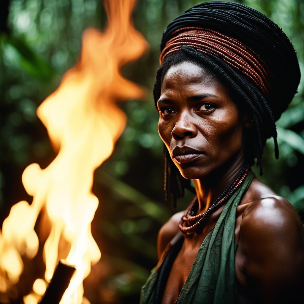 Black Tribal Woman Portrait in Rainforest