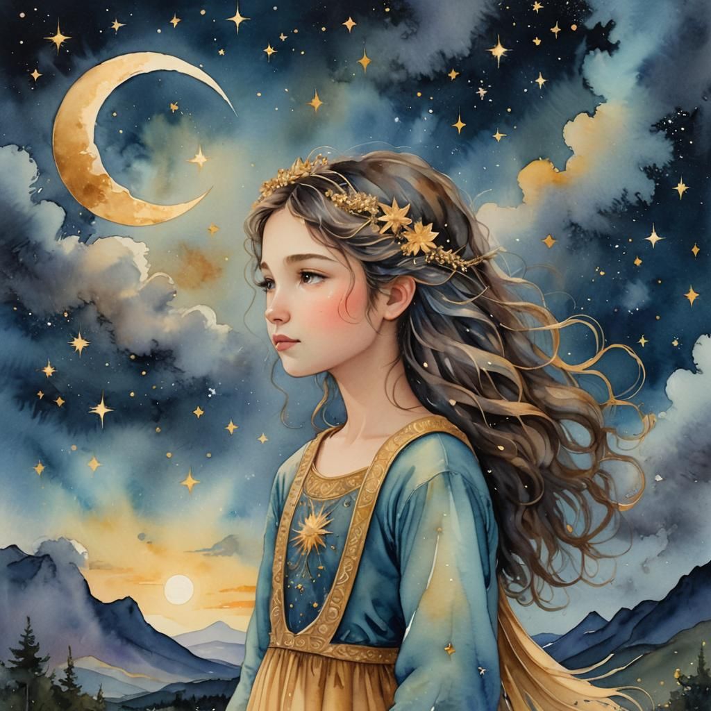 Dreamlike Girl with Starry Hair, in Watercolor Style