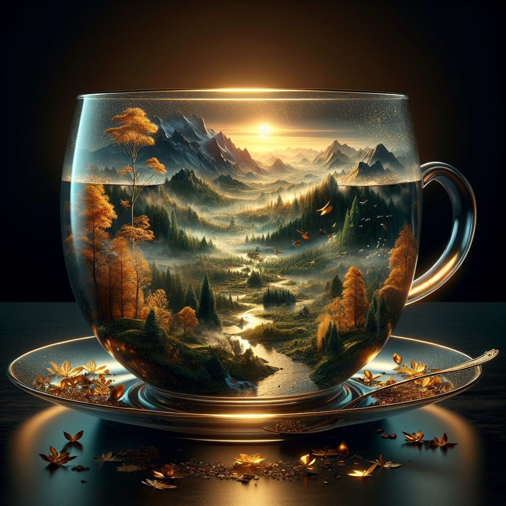 Fantasy Landscape in Glass Teacup, Hyperrealistic Style