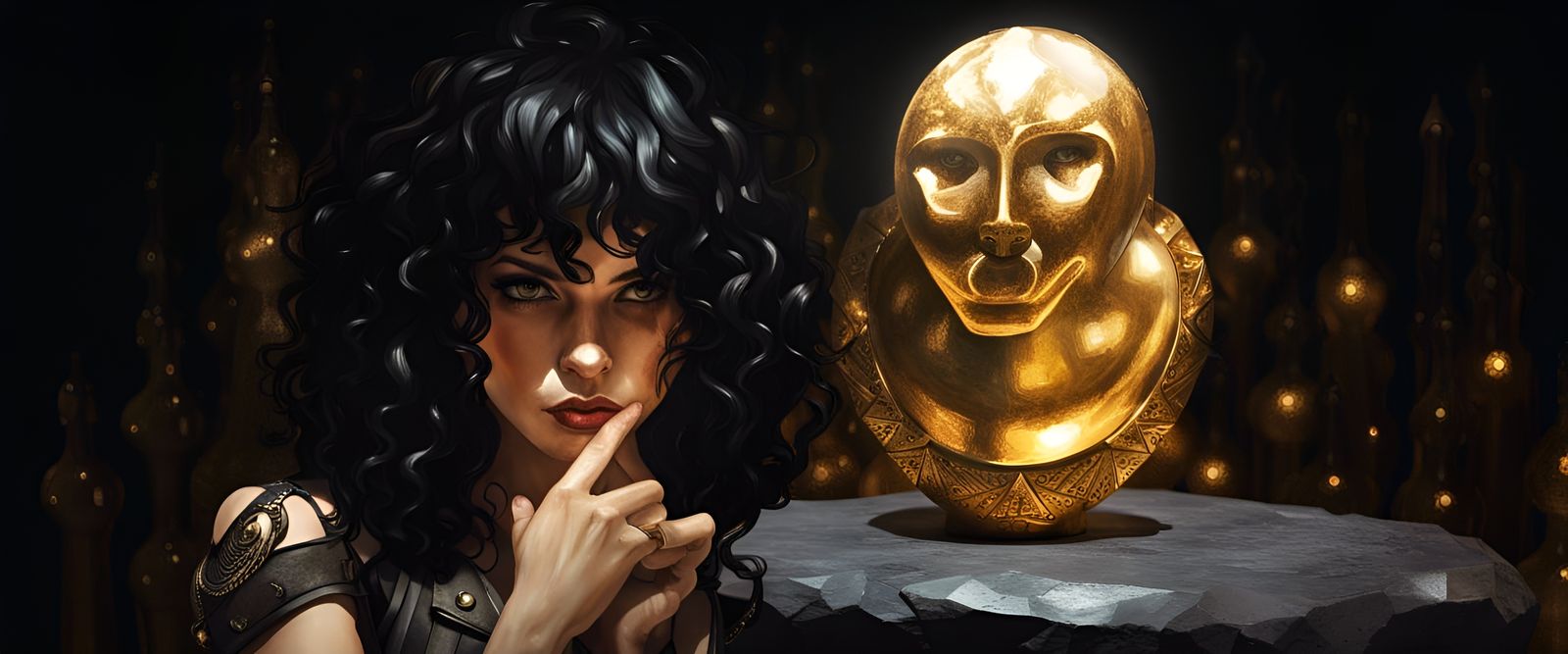 Female Thief Contemplates Golden Idol in Gothic Setting