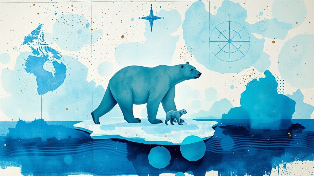 Dreamy Watercolor Arctic Scene with Polar Bears and Gold Acc...