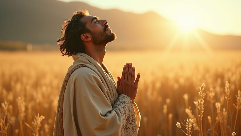 Man Praying in Golden Field: Photorealistic Fantasy Art