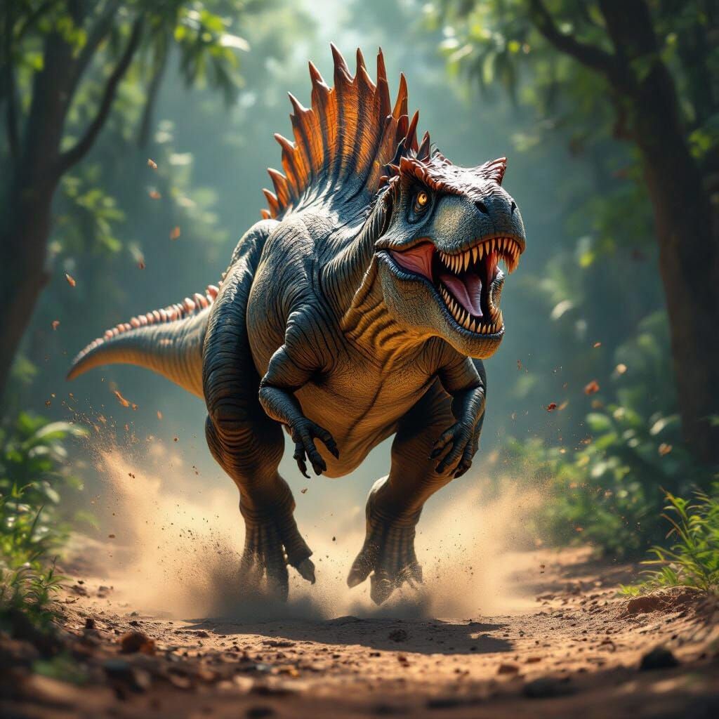 Stocky Spinosaurus Charging Forward in Hyperrealistic Style