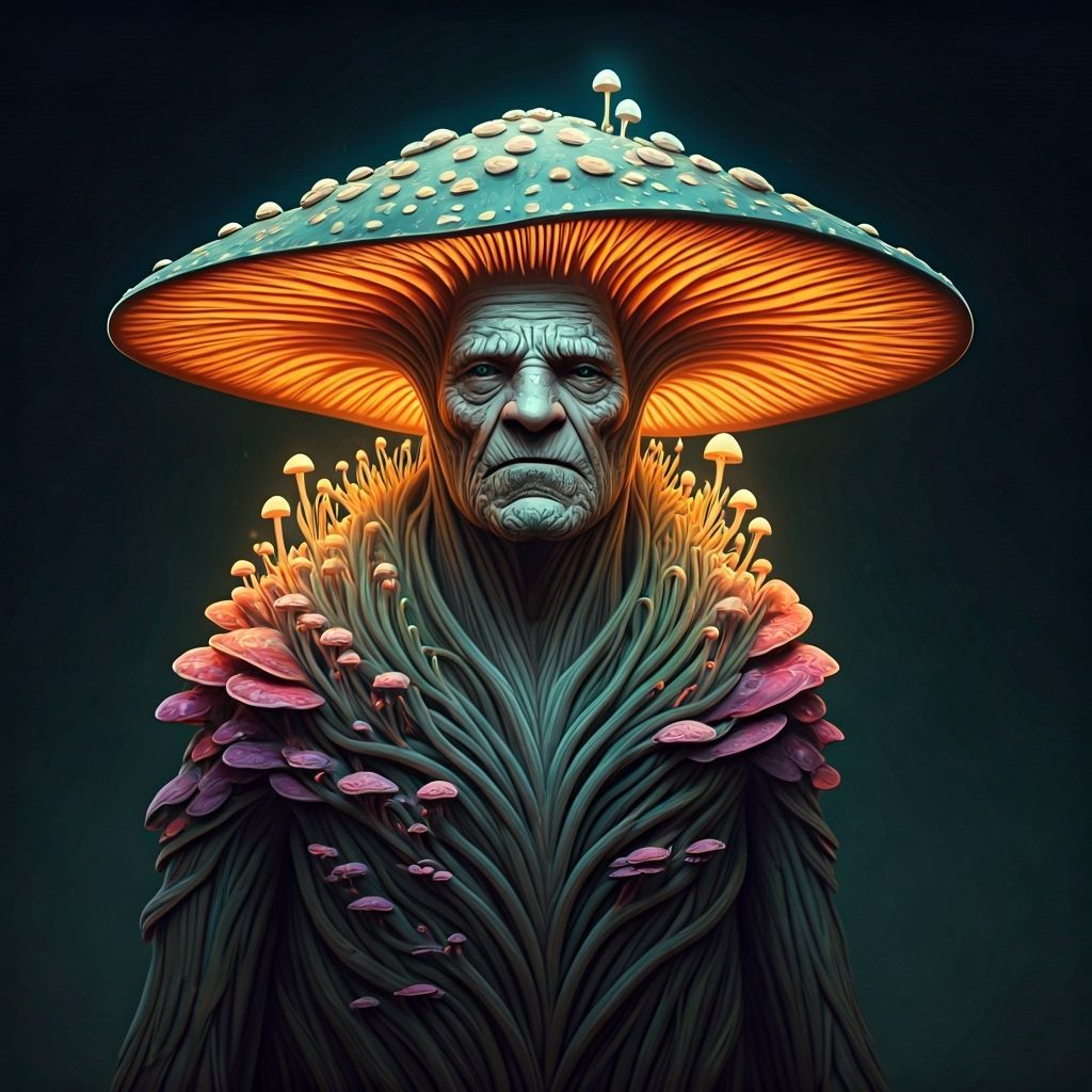 Glowing Myconoid in Bioluminescent Mushroom Suit