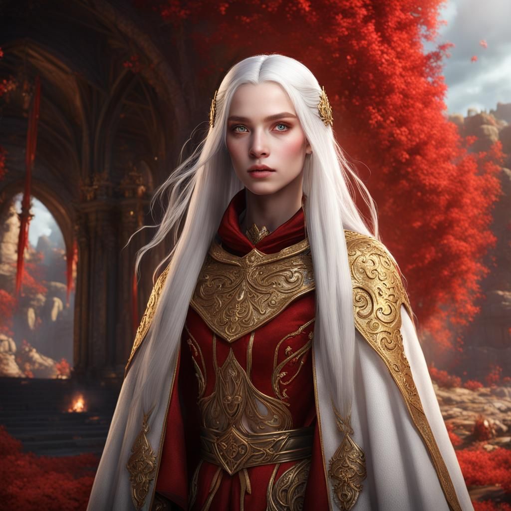 Beautiful Girl with White Hair and Red Cloak