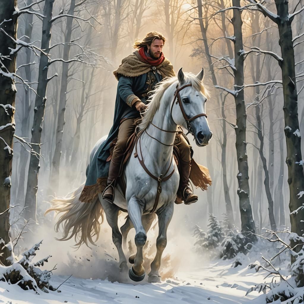 Equestrian Fantasy: Man and Horse in Winter Forest